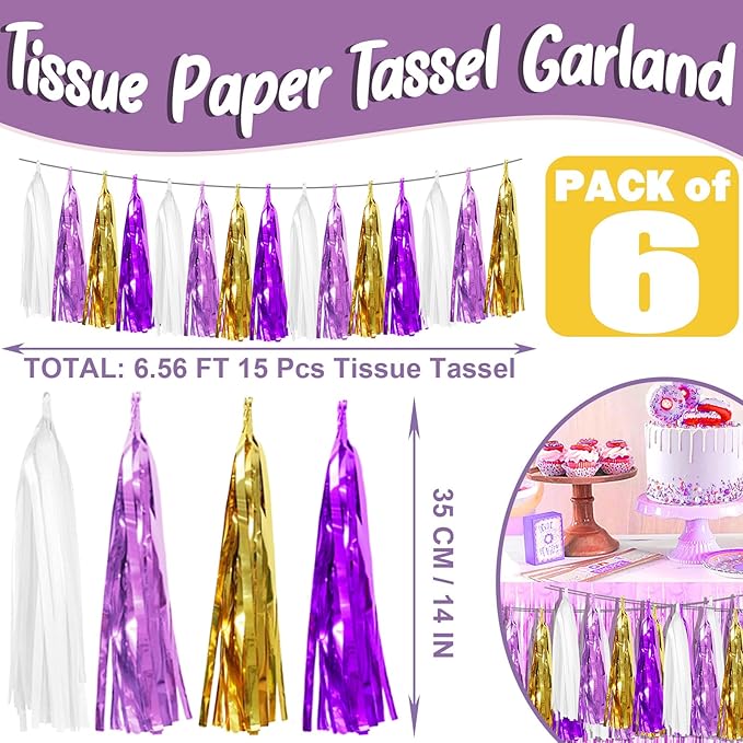 6P Purple-Gold Party Decoration Tassel Garland, Tassels Banner Streamers - Image 2