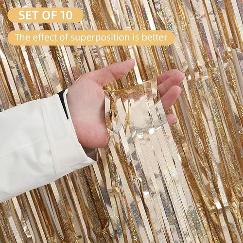10 Pack Champagne Gold Backdrop Curtain 3.2ft x 8.2ft Metallic Tinsel Foil - Image 2