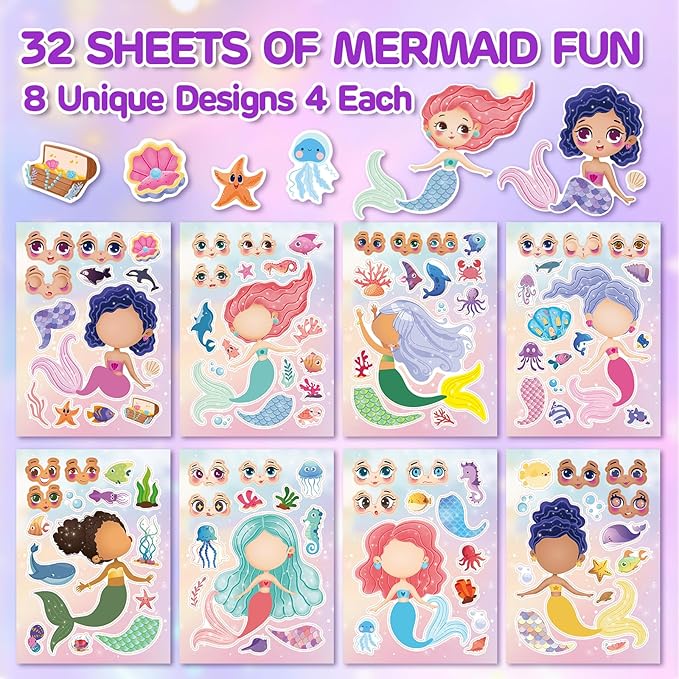 Aowplc 32 Sheets Mermaid Make‑A‑Face Stickers - Image 2