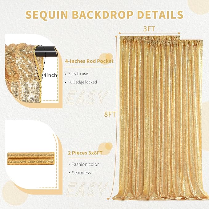 Gold Curtains Backrop for Wedding Parties: 3ftx8ft Gold Sequin Photo Backdrop - Image 3