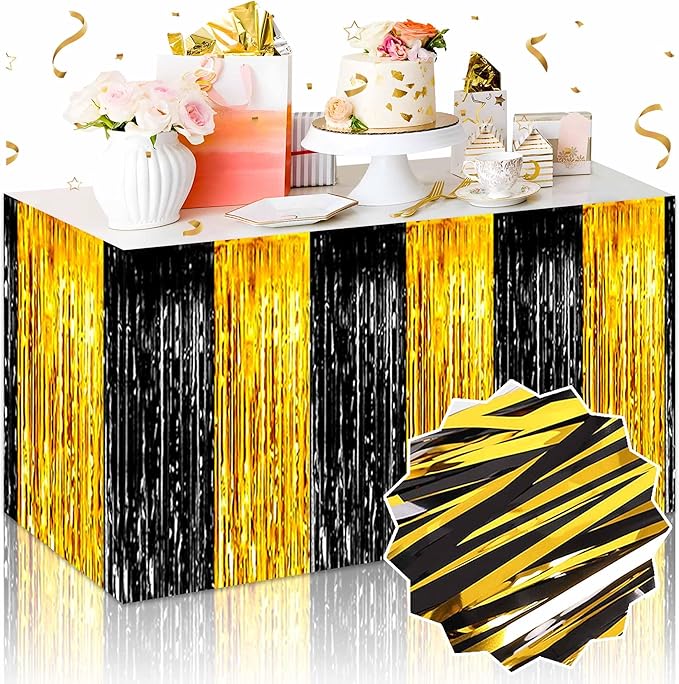 3 Pack 29 x108 Inch Black and Gold Foil Fringe Table Skirts Metallic Banner by LANTIANCHEN