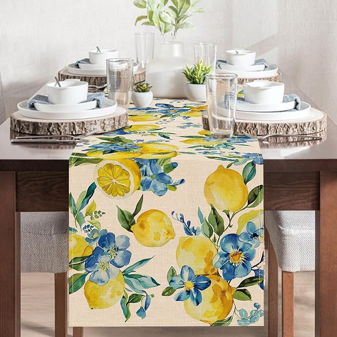 Lemon Blue Flower Dining Table Runner, Spring Summer Fruit Floral Burlap - Image 5