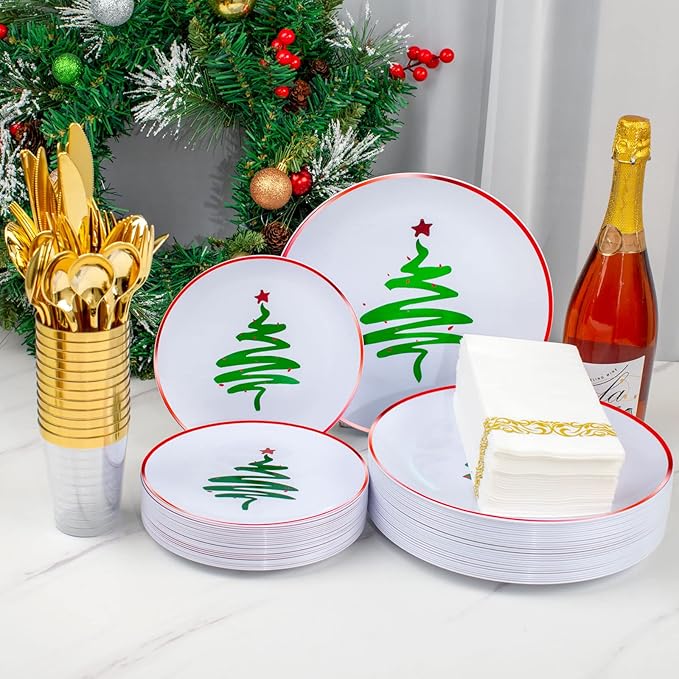 Supernal 350pcs Christmas Plastic Dinnerware Set, Christmas Plastic Plates - Image 6