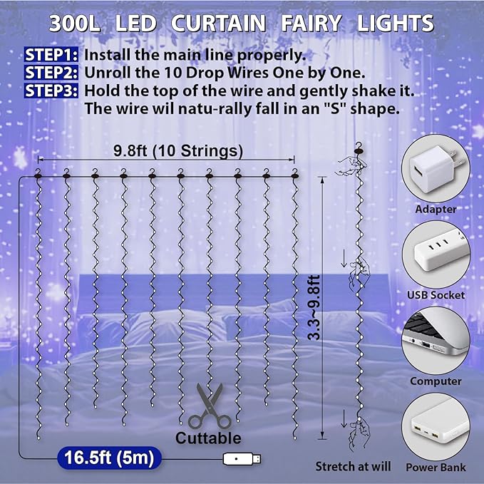 HXWEIYE 300LED Fairy Curtain Lights, 9.8x9.8Ft USB Plug-in 8 Modes Christmas - Image 5