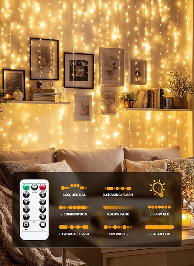 Brightown 2 Pack 300 LED Fairy Curtain Lights, 9.8ft x 9.8ft Warm White Curtain - Image 5