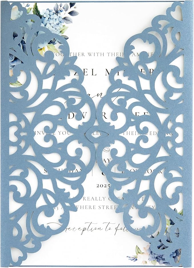 20Pcs Dusty Blue Laser Cut Invitation Cards by FEIYI