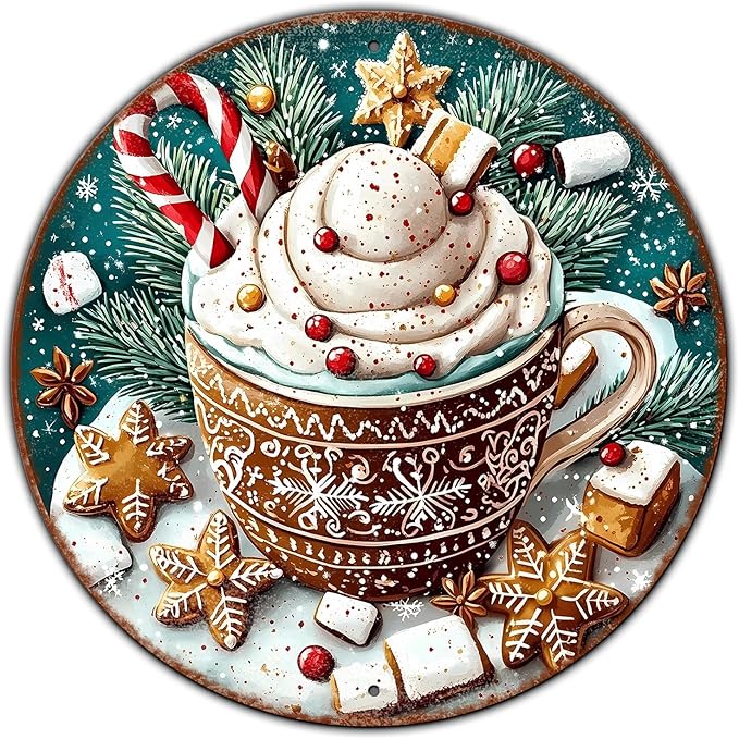 Round Christmas Signs Hot Cocoa Bar Metal Tin Sign Christmas Decor by GJXFTPTTBD