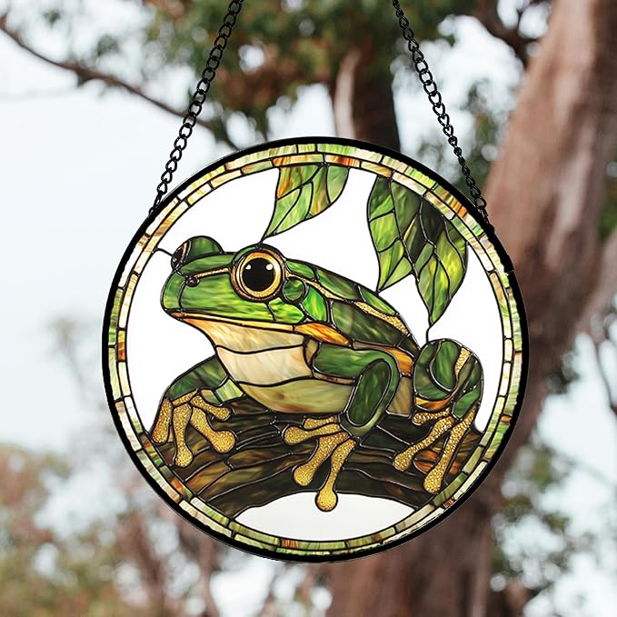 Stained Glass Window Hanging, Frog Green Leaf Sun Catchers Colorful Glass Panel - Image 4