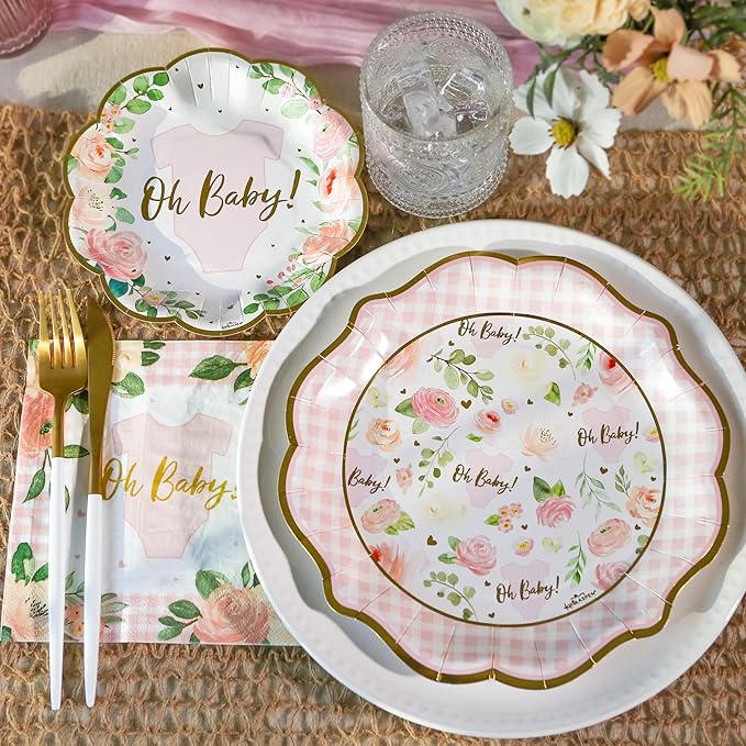 Kate Aspen Baby Shower Onesie Pink Floral & Gingham Tableware Set - Image 7