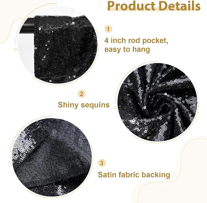 SquarePie Sequin Backdrop Curtain 8FT x 10FT Black Satin Backing Fabric - Image 3