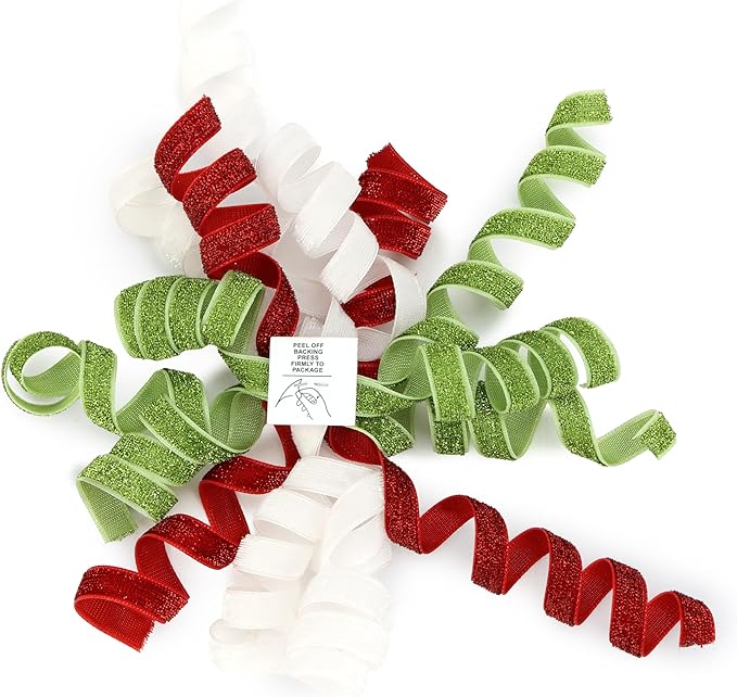 6" Metallic Glitter Red and Lime Green Self Adhesive Curly Ribbon Gift Wrap Bows - Image 8
