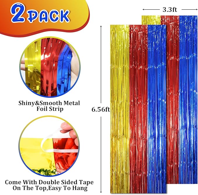2 Pack Blue Red Gold Foil Fringe Backdrop Curtains, Tinsel Streamers Party - Image 2