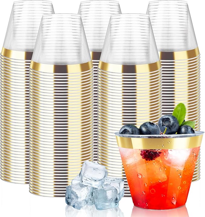 9oz Clear Plastic Cups with Gold Rimmed Sturdy & Food Safe Disposable Wine by ByvivaceDisposables