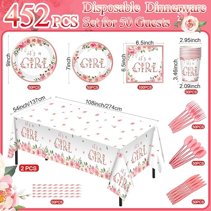 452 Pcs Pink Floral Baby Shower Party Supplies Include It's a Girl Baby Shower - Image 3