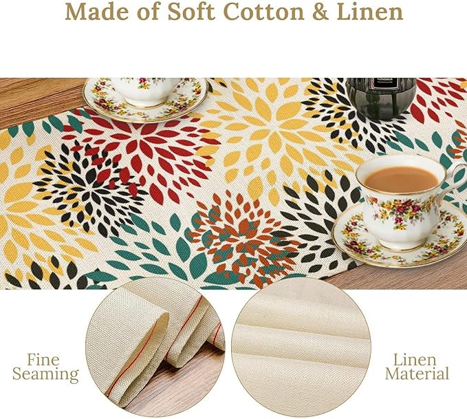 Green Red Dahlia Flower Table Runner Chrysanthemum Geometric Kitchen Dining - Image 7