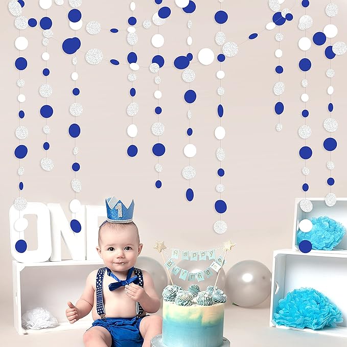 46 Feet Navy Blue White and Silver Circle Dots Garland Royal Blue Hanging Paper - Image 7