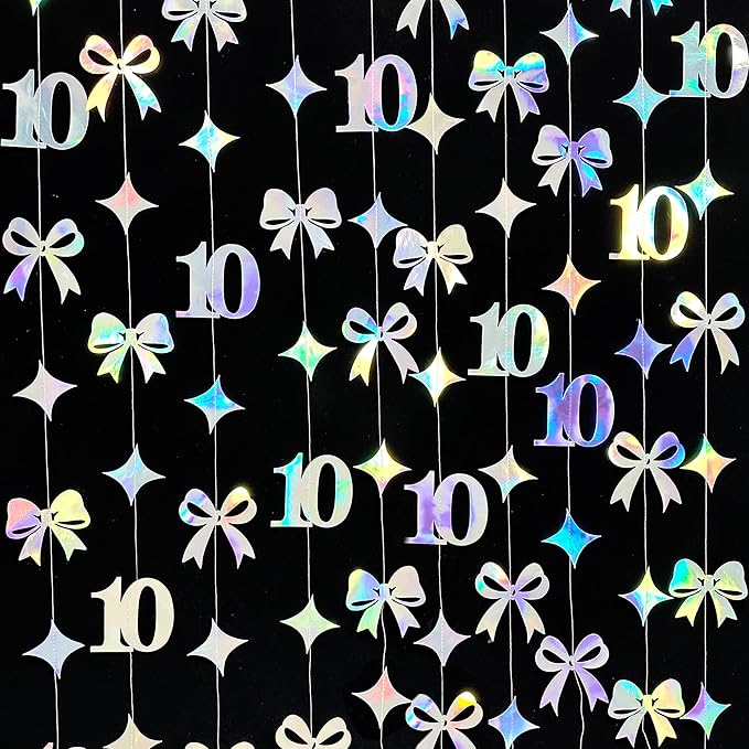Iridescent 10th Bow Birthday Decorations Glitter Conquette Bow Garland Streamer - Image 4
