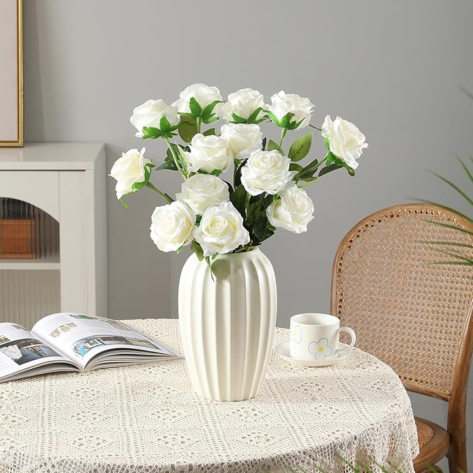Tifuly White Roses Artificial Flowers -12 pcs Realistic Single Long Stem Fake - Image 5
