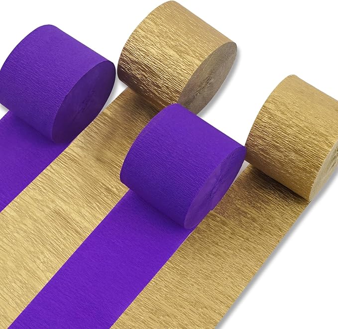 PartyWoo Purple and Gold Crepe Paper Streamers 4pcs 328ft Pack of Metallic Gold by PartyWoo