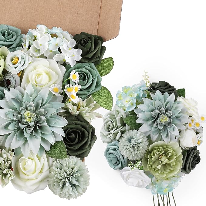 AmyHomie Forest Sage Green White Artificial Flowers Combo Silk Rose Fake - Image 7