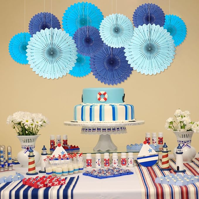 18 Pcs Blue Set Hanging Paper Fan, Hanging Honeycomb Round Paper Fans - Image 4