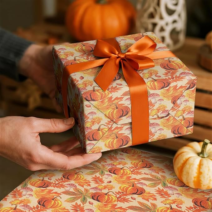 RUSPEPA Fall Wrapping Paper Roll, Mini Roll, Watercolor Pumpkin, Autumn Leaf - Image 5