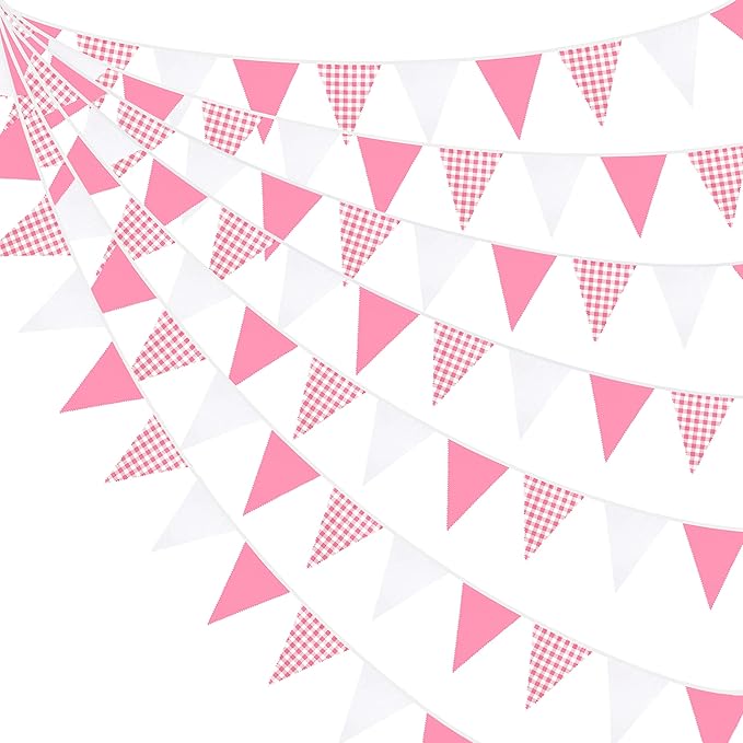 32Ft Hot Pink Plaid Checkered Pennant Banner Fabric Gingham Triangle Flag by pinkblume