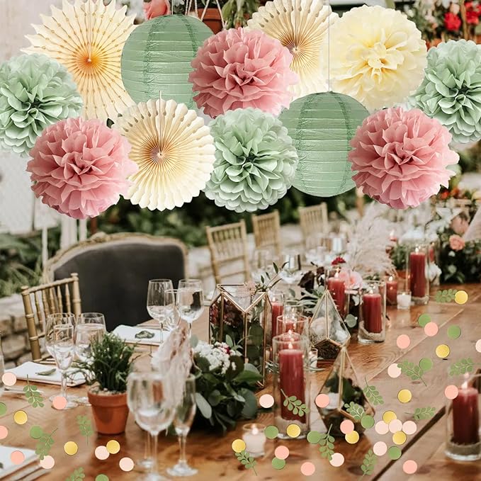 Dusty Pink and Sage Green Party Decorations Dusty Rose Sage Green Tissue Pom - Image 5