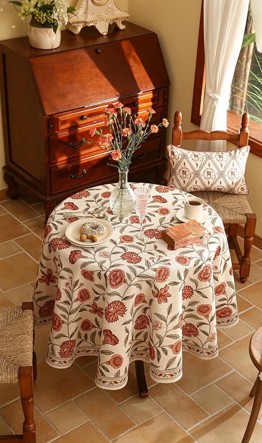 ISAENNE Designer French Small Round Tablecloth, Linen Orange Floral Pattern - Image 7