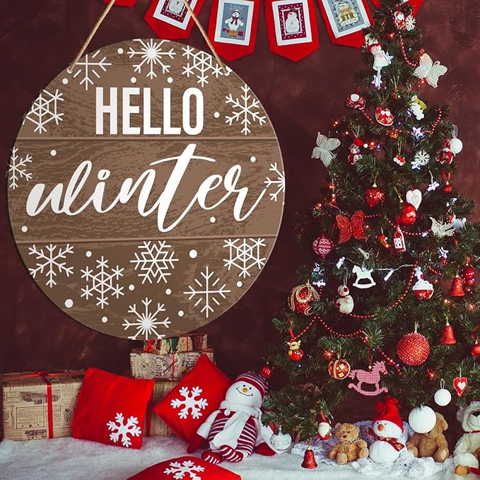 Muktoujaumai Hello Winter Sign Front Door Decor, Christmas Round Hanging Sign - Image 5