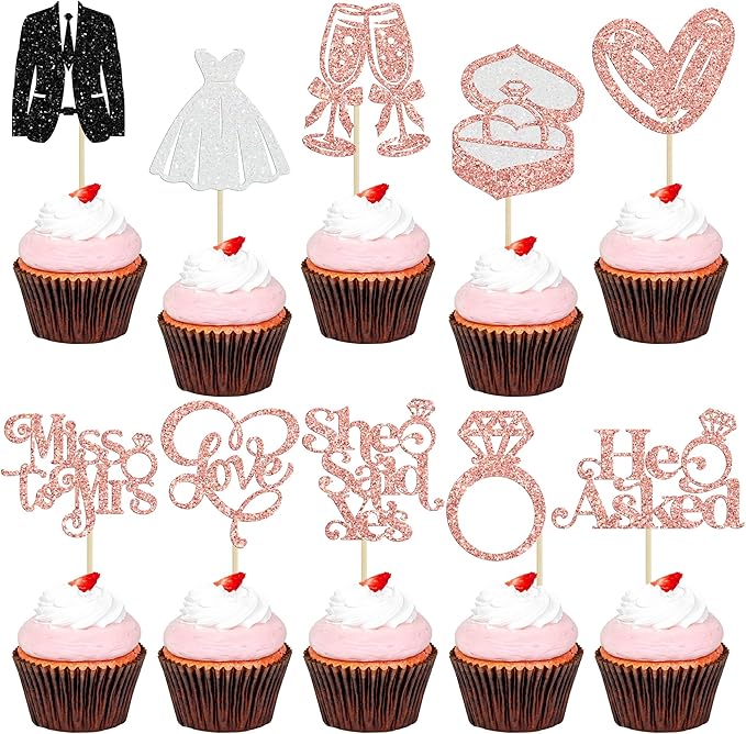 Gyufise 30Pcs She Said Yes Cupcake Toppers Glitter Diamond Ring I Do Love by Gyufise