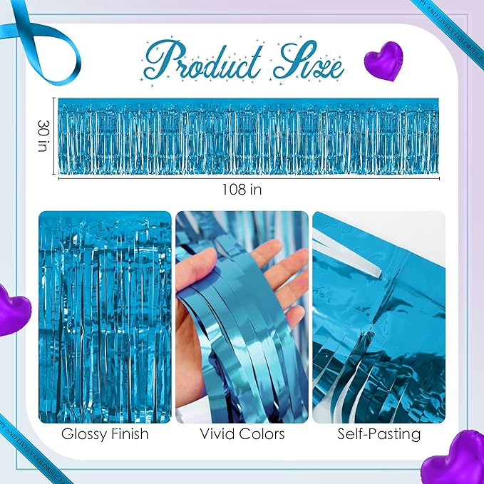 2 Pack Lake Blue Dark Purple Table Skirts, 29x108" Metallic Foil Tinsel Fringe - Image 3