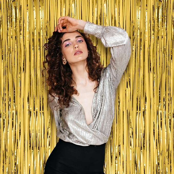 2 Pack Gold Foil Fringe Backdrop Curtains, Tinsel Streamers Birthday Party - Image 7