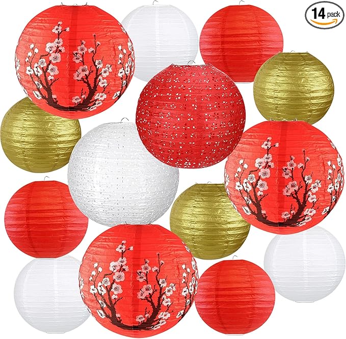 14Pcs Chinese Japanese Paper Lantern Assorted Sizes Hanging Plum Blossom Red by Peywot