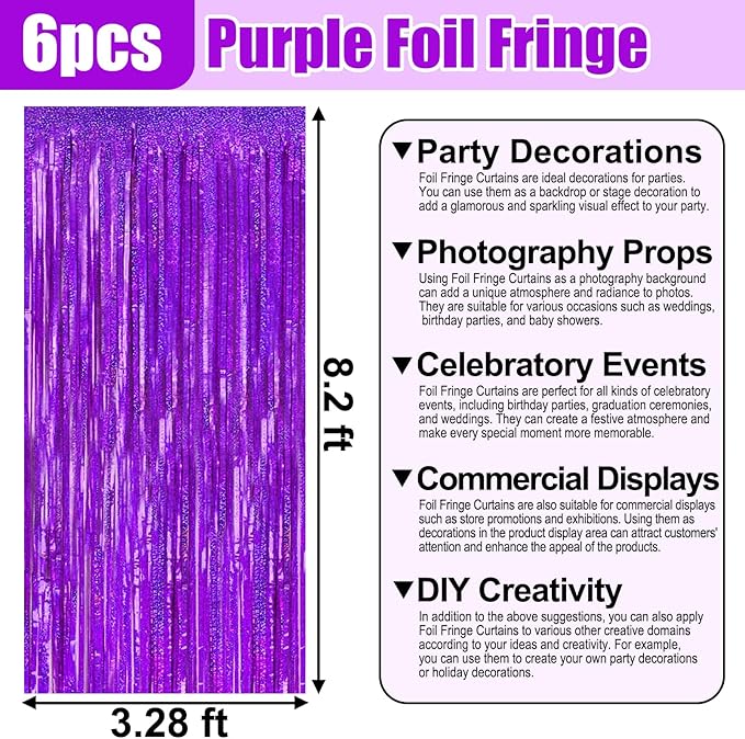 6 Pack Purple Foil Fringe Curtain Backdrop, 3.28Ft x 8.2Ft Metallic Tinsel Foil - Image 2