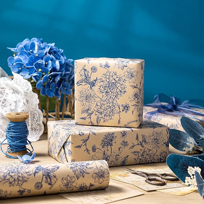 WRAPAHOLIC Kraft Blue Floral Wrapping Paper - Image 4