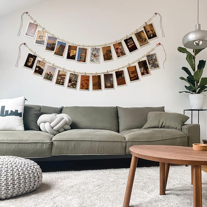 Hanging Photo Display With 12 Clips, Wooden Bead Garland 2PCS, Boho Style - Image 2