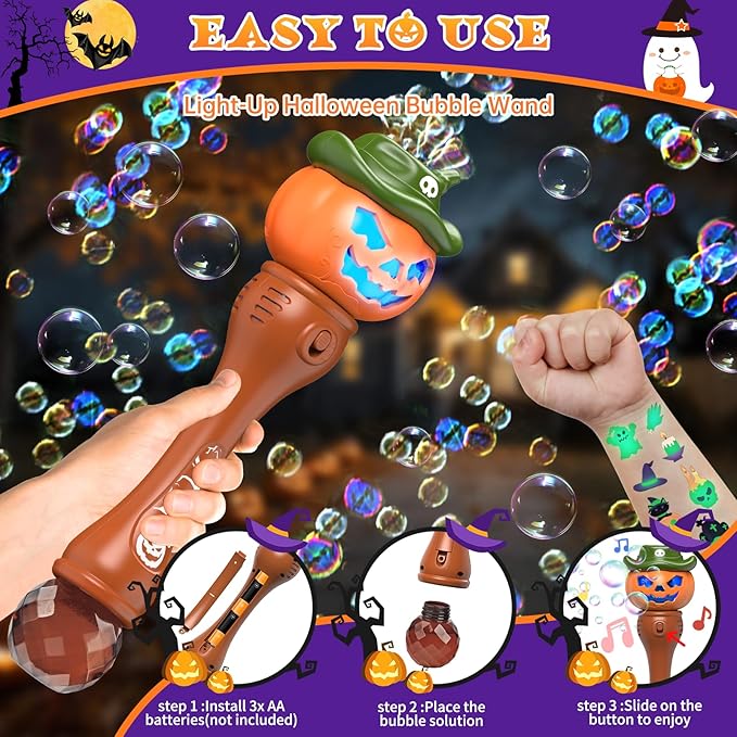 Halloween Bubble Machine Wand for Kids, Light up & Music Pumpkin Bubble Wand-2 - Image 2