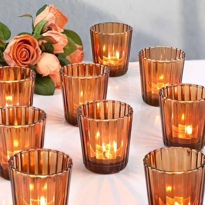24pcs Vintage Ribbed Amber Votive Candle Holders, Fall Centerpieces by NITIME