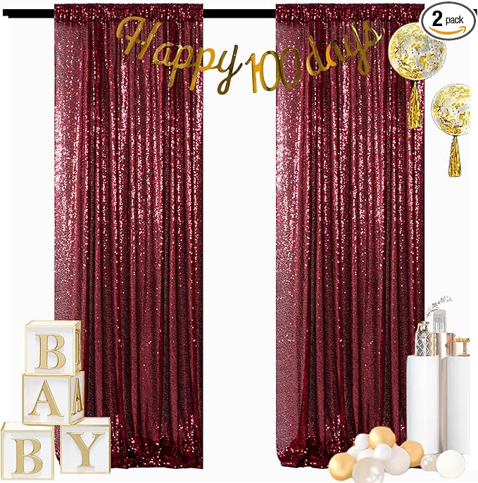 ShinyBeauty Glitter Burgundy Backdrop Curtains 2 Panels 4Ftx7Ft Sequin Curtain by ShinyBeauty