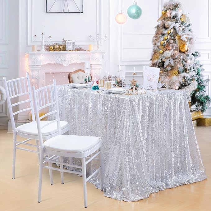 QueenDream Sequin Tablecloth 60x102 Inch Silver Tablecloth Christmas Glitter - Image 3