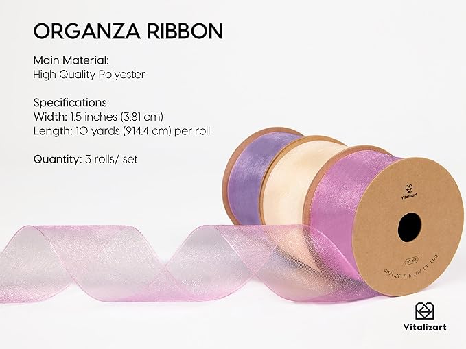 Vitalizart Organza Ribbon 1.5" x 30 Yd Lavender Purple & Cream White Sheer - Image 2