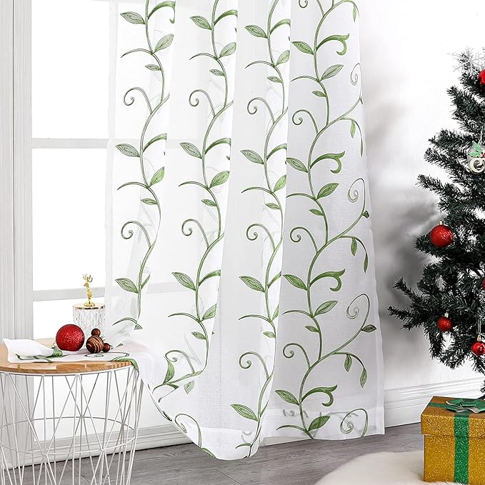 VISIONTEX Embroidered Green Sheer Voile Curtains, Leaves Embroidery Faux Linen - Image 6
