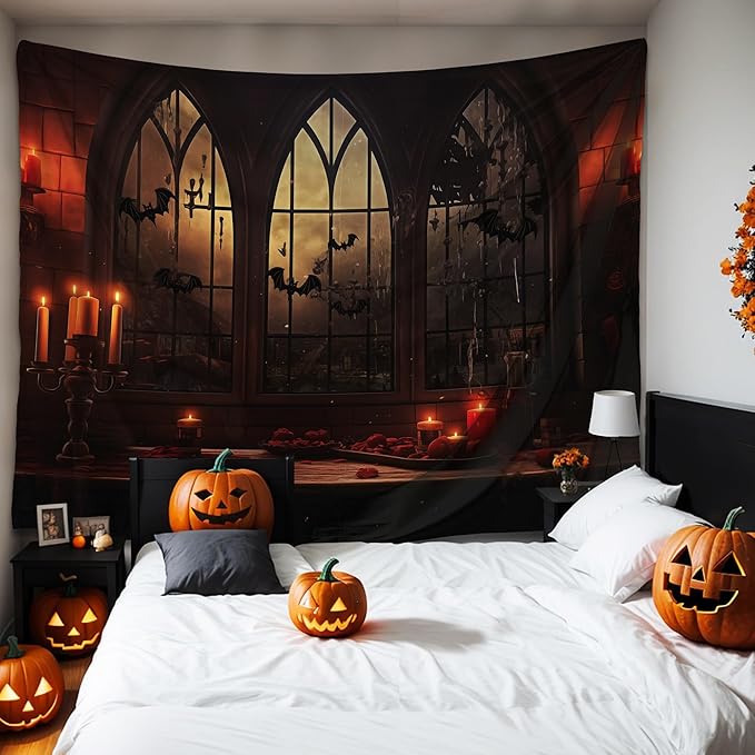 QGHOT Halloween Tapestry Wall Hanging Horror Castle Window Tapestry Gothic - Image 2
