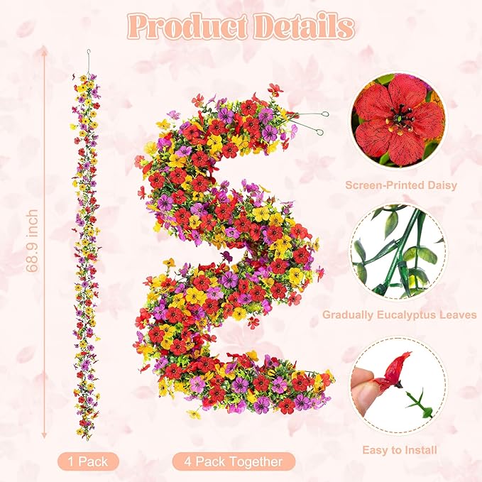 Artificial Flowers Garland Ivy, 4 Pack 5.9 FT Fall Decor UV Resistant Fake Mums - Image 2