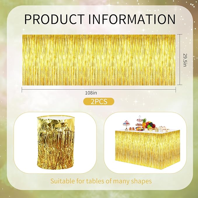 BEISHIDA 2 Pack Gold Metallic Tinsel Foil Fringe Table Skirts - Image 2