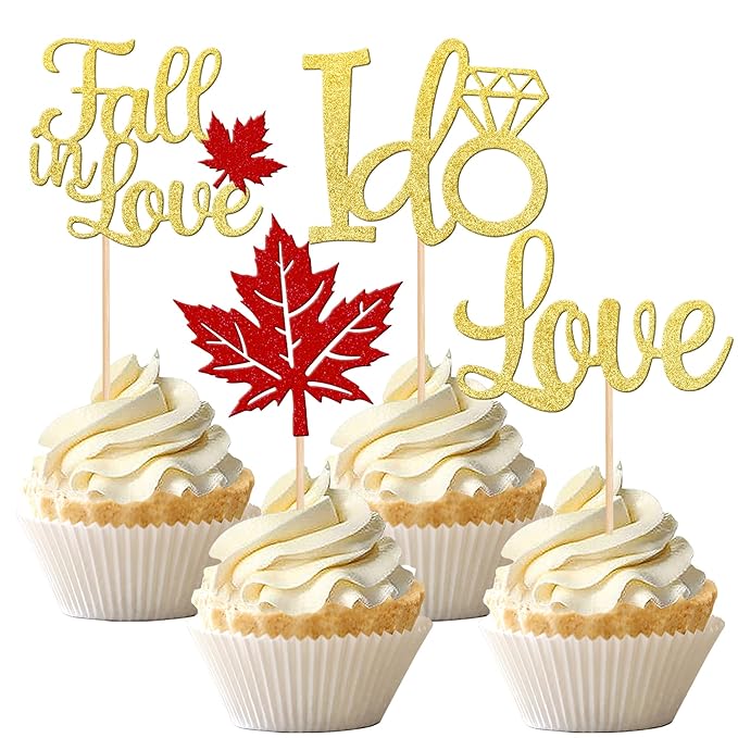 24 PCS Fall in Love Cupcake Toppers Glitter Maple Leaves Love I Do Cupcake - Image 8