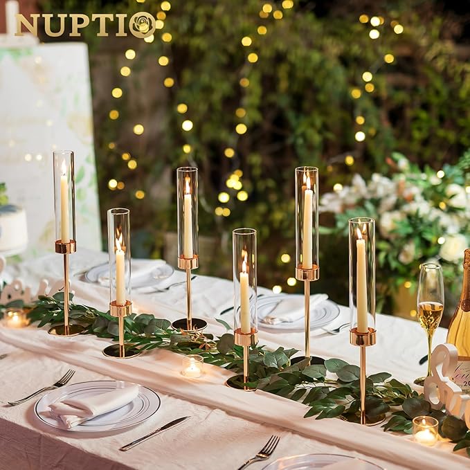 NUPTIO Candle Stick Holder for Wedding: 18 Pcs Tall Hurricane Gold Candles - Image 4