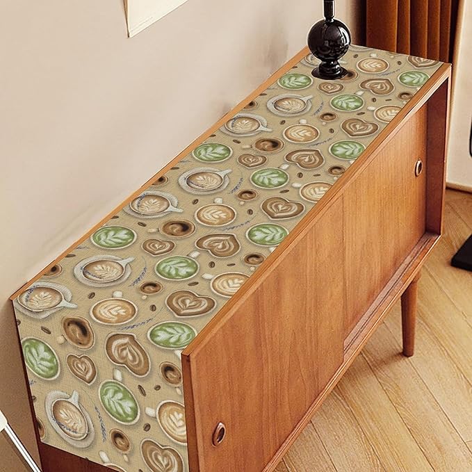 Coffee Theme Table Runner, Farmhouse Retro Brown Coffee Cup Tea Party Rustic - Image 2