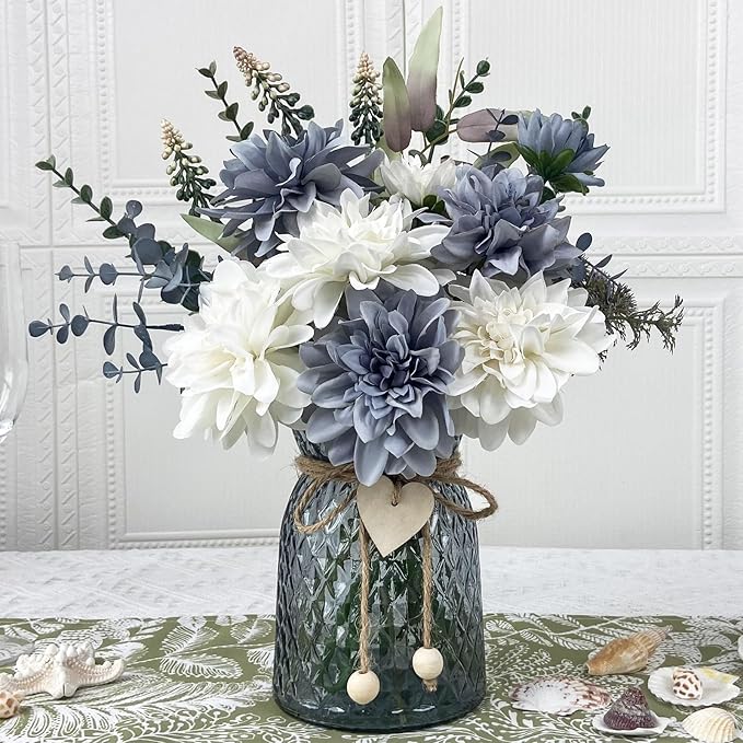 Fake Flowers in Vase, 8 Dahlias, Silk Artificial Flowers in Vase, Centerpiece - Image 9